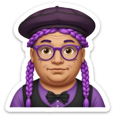 very tattoed face, normal glassess, fat venice gondolier with iconic hat and purple thick braided hair sticker