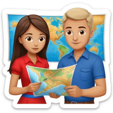 Russian man and elegant turkish girl in cute outfits with a map planning plants sticker
