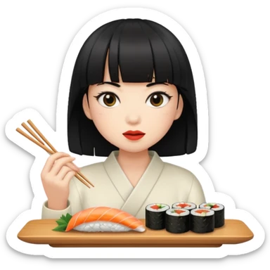Person with black hair and bangs eating sushi sticker