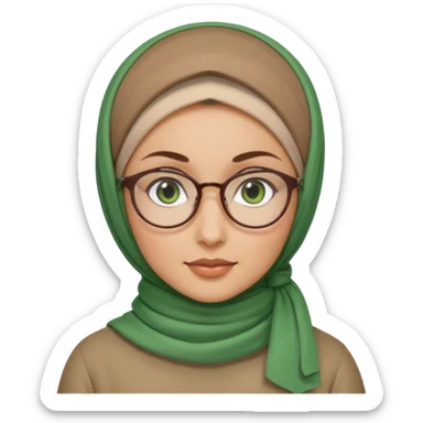 iranian woman, tight curly light brown hair in one high pony tail, glasses, green eyes, pretty, oval shape face sticker