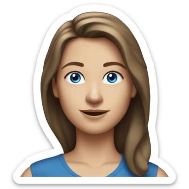 A head and shoulders shot of a 32 year old white woman, with long brown hair,   with blue eyes wearing a t-shirt. sticker