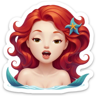 Cinematic Realistic Red Hair Mermaid Portrait, head tilted slightly with a dramatic, wide-open yawn, revealing a tender, relaxed visage with delicately detailed porcelain skin and vibrant, cascading red hair softly billowing around her. Her dreamy eyes exude a serene, aquatic charm, rendered with gentle underwater lighting and high shine—capturing the essence of a drowsy yet mesmerizing mermaid drifting into a tranquil slumber beneath the sea. sticker