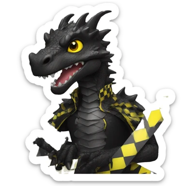 Black dragon dressed in punk clothes with chequer black and white markings and yellow caution tape  sticker