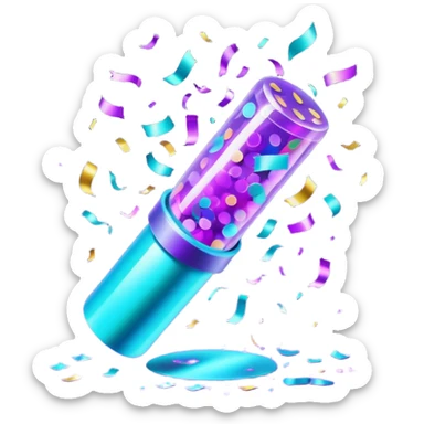 Futuristic glowing confetti popper emoji, holographic purple and cyan colors, emitting confetti and sparkles, dark background, vibrant celebration atmosphere, no face. sticker