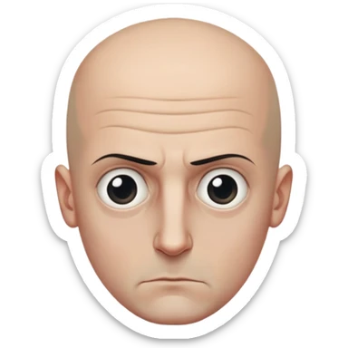 Steven Miller, bald, intense scowl, very narrow rectangular head, bottom lip sticking out, eyelids nearly shut and drooping on the outer sides, extremely dark areas around eyes sticker