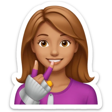 create an emoji of a young woman, tanned face, smile. she is doing a cash with her finger on her mouth to signalise us to stay quiet. sticker