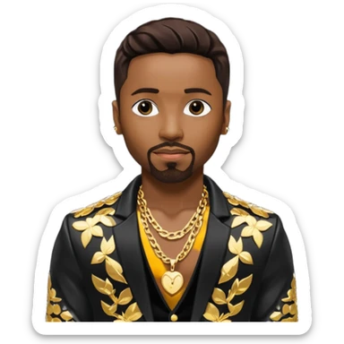 Teddy Riley with dark brown hair, black sequin jacket, shirtless with necklace  sticker
