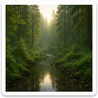 realistic forest landscape, 1920x1080 aspect ratio, early morning, dense trees, clear stream winding through foreground, soft golden morning light, lush greenery, detailed water reflections, gentle mist, no wildlife sticker