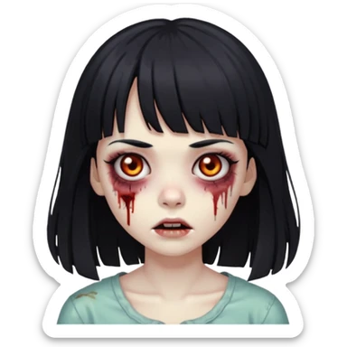 Zombie girl, black hair with bangs, slightly wavy,long hair,long eyelashes, black eyes,iOS style sticker