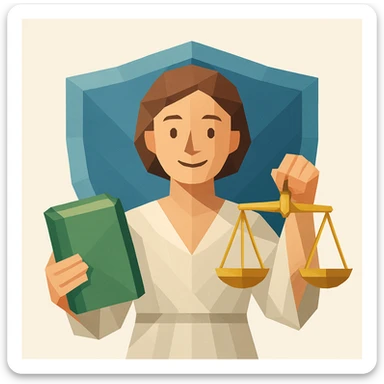 character with happy or neutral facial expression holding a green book in one hand and a gold justice scale in the other, shield in the background, clean modern illustration style sticker