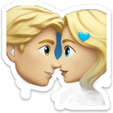 A blond boy with blue eyes who kisses a pretty blonde girl with blues eyes,  with a heart above their heads  sticker