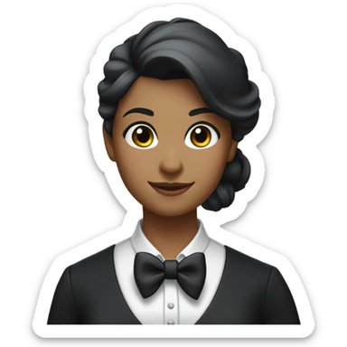 a female butler with a professional and elegant demeanor. She has her hair neatly tied in a ponytail and wears a classic butler uniform, including a tailored vest, crisp white shirt, and bow tie. sticker