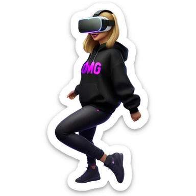 Russian girl wearing black hoody with violet letters "OMG", in vr headset oculus quest2. Dancing. Cyberpunk style. Violet neon. sticker
