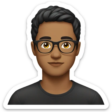 A young man with short black hair and glasses, wearing a black t-shirt with a colorful design, sitting outdoors with a calm expression sticker