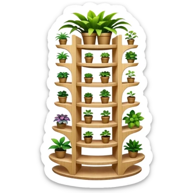 Very Large alien-futuristic multi-tier multi-level curved plant rack, which holds thirty-five plants, constructed from plywood sticker