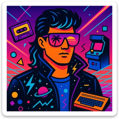 retro-futuristic 80s male portrait with classic mullet hairstyle with neon blue highlights, face half-hidden by bright airbrushed sunglasses with pink to purple gradient reflecting palms and sunset, leather jacket with raised collar airbrushed with lightning and cosmic motifs, Memphis Design geometry, energetic neon gradient background with perspective grid, laser beams, details like cassettes, arcade games, Commodore 64, electric blue, fuchsia, turquoise, ultraviolet colors sticker