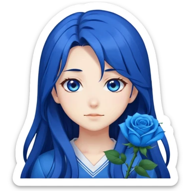 anime girl with long dark blue hair, blue rose in hair, bright blue eyes, cute anime face, anime emoji style sticker