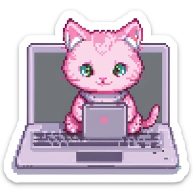 pink kitten using a laptop, pixel art style, retro and charming sticker