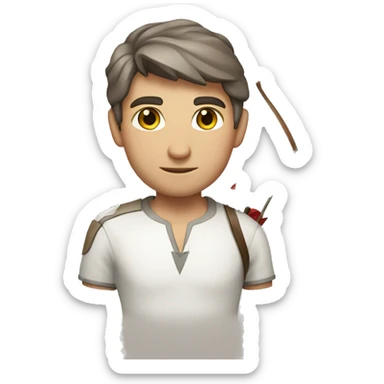 a male archer with a bow, wearing a white shirt, very short brown hair, bright skin, only show upper part of the body from waist up sticker