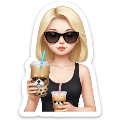 Blonde girl with pale skin and long hair with black cat eye sunglasses in black tank top and boba tea and tan Shih Tzu  sticker