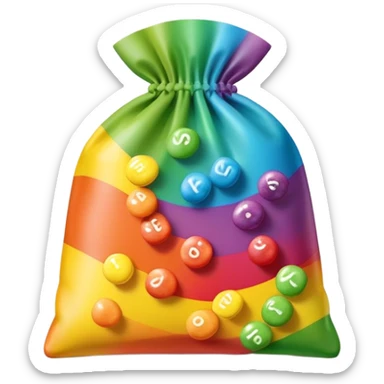 Flat design minimalist Skittles pouch with simple rainbow gradient and a small handful of green candies arranged in a neat pattern. sticker