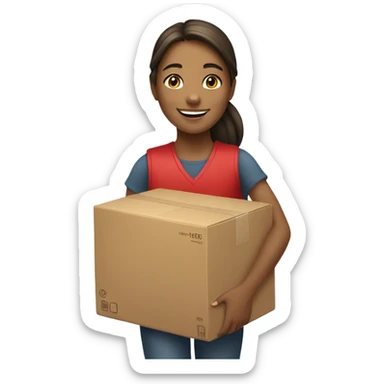 smiling girl wearing red vest takes box to car sticker