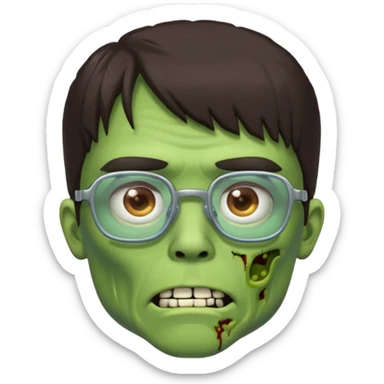 an emoji of a male green zombie with dark brown hair and female bangs that cover your entire forehead and extend to your eyebrows, wearing square, bluish glasses. sticker