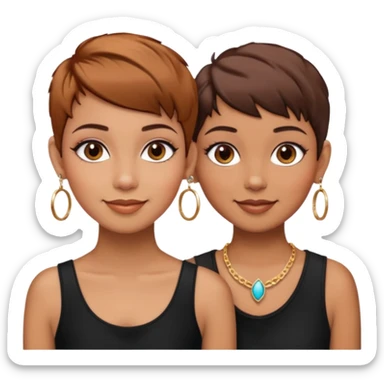Puerto Rican fair skin straight brown pixie cut hair with hoop earrings make up and my best friend brown  colored pixie cut with jewelry and makeup on her caramel color face besties side-by-side wearing black  sticker