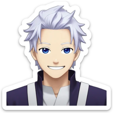 Satoru Gojo with his blue eyes,long medium white hair, a big friendly smile, dark violet uniform from jujutsu kaisen sticker