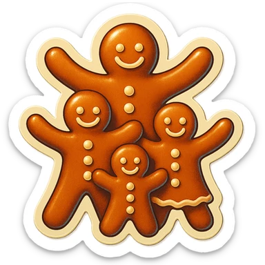 family of gingerbread cookies standing together with arms forming branches like a tree, cute holiday style sticker