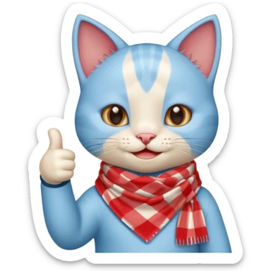 A Baby Blue Cat smiling and giving thumbs up, wearing red Checkered Triangle scarf sticker