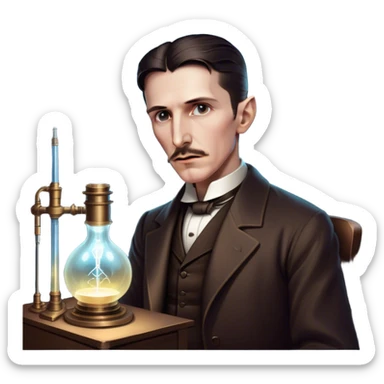 Nikola Tesla – Cinematic Realistic Portrait of Nikola Tesla, depicted as a visionary inventor with intense, thoughtful eyes and period attire, surrounded by subtle arcs of electric light and early laboratory apparatus, rendered with dramatic lighting that evokes mystery and innovation. sticker