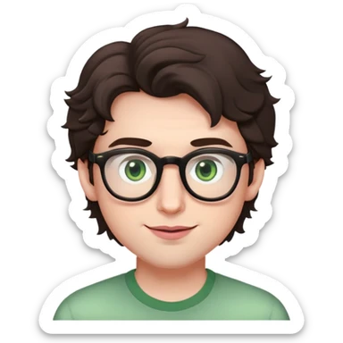 Young man with slightly curled dark brown poofy hair, green eyes wearing glasses, wide face with eyes set apart, bigger ears, very pale skin, slightly bigger nose, fuller darker pink lips with a smile, and very light stubble sticker