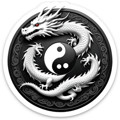 An icon symbolizing Eastern martial arts in the style of an emblem, featuring a black-and-white Yin-Yang symbol and a dragon at the center, surrounded by elements like a dojo. Transparent background highlights balance and power. sticker