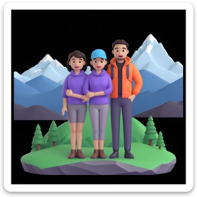 back packer couple posing, mountains in background,   close up pose sticker