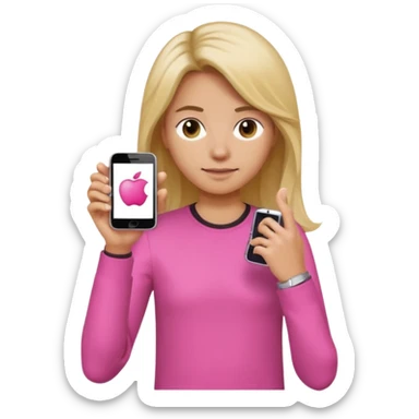person wearing a pink long sleeve shirt, loose hair, wearing a watch on the arm, holding a cellphone in hand, apple emoji style sticker