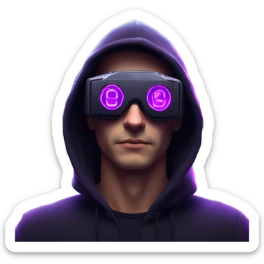 Russian man wearing a black hoodie with "OMG" letters on it and VR headset in a cyberpunk VR environment with violet neon lighting. sticker