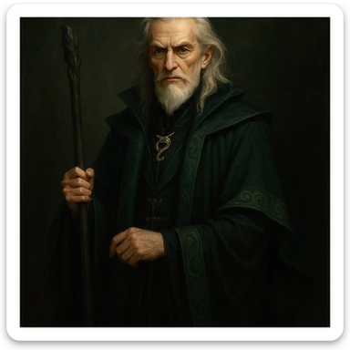 old wizard with aristocratic features, silver hair, green and black robes, Slytherin vibe, fantasy style sticker