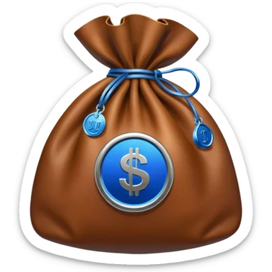 brown money bag with a blue coin  sticker