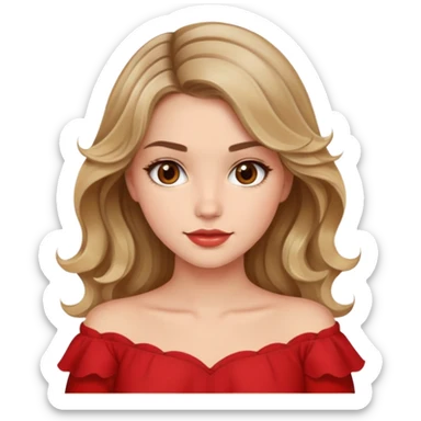 a beautiful girl with wavy and dark blond hair and her eyes are brown. The girl from once has a beautiful red blouse in which from the shoulders starts  sticker