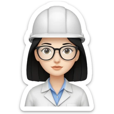 A woman with long, straight black hair, wearing glasses and a white architect's helmet sticker