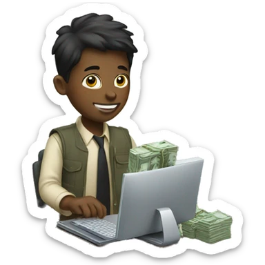 boy with a lot of money using computer sticker