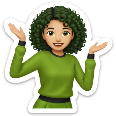 a woman with olive skin tone and curly black hair wearing green and dancing sticker