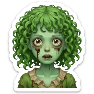 Green zombie emoji girl with curly hair, with curly bangs sticker
