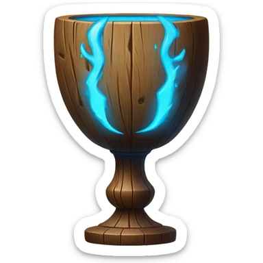 A magical goblet, large and imposing, made of aged wood with a smooth surface. It emits a bright blue glow, with magical flames dancing inside, symbolizing its power and mystery. sticker