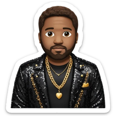 Gerald Levert with dark brown hair, black sequin jacket, black shirt with necklace sticker
