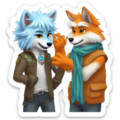 Male wolf furry getting patted on the head by a Male lizard-fox hybrid furry with orange fur interspersed with shimmering orange scales, lizard nose, icy blue eyes, white emo Hair sticker