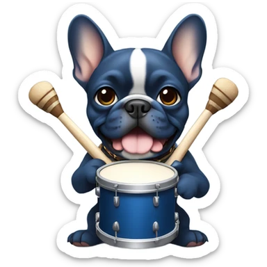 dark blue and tan french bulldog holding drumming sticker