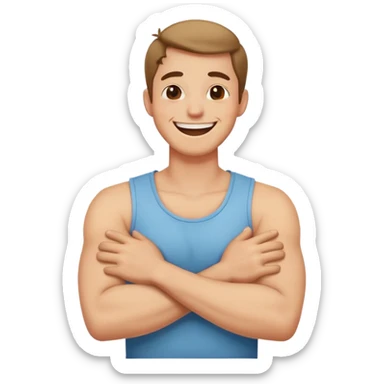 a guy with crossed arms holding neck and laughing sticker