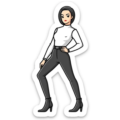 female character with oval-shaped flat-top head wearing tight black pants and black medieval high-heeled boots sticker